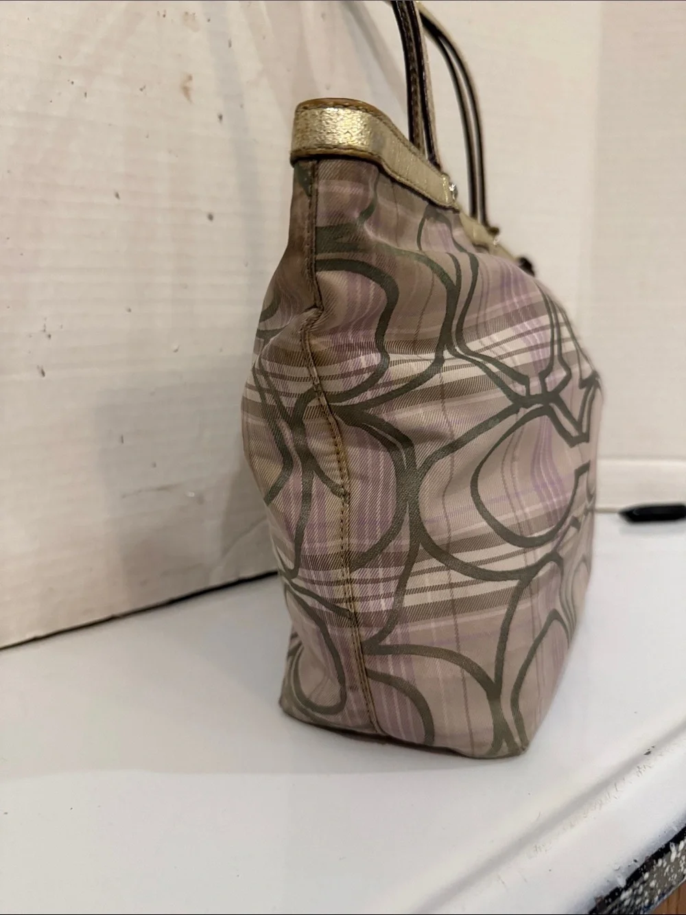 Coach Gray & Light Purple Plaid Signature Shoulder with Gold Leather Trim